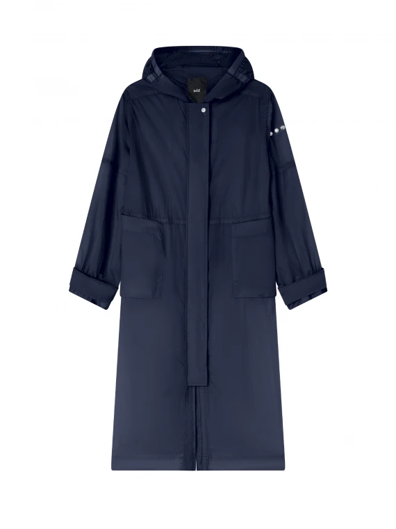 Long navy blue parka with hood