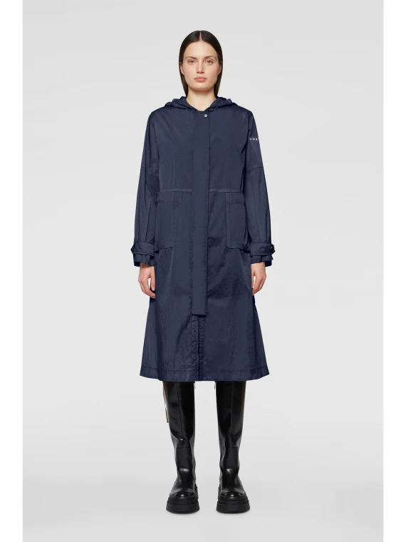 Long navy blue parka with hood