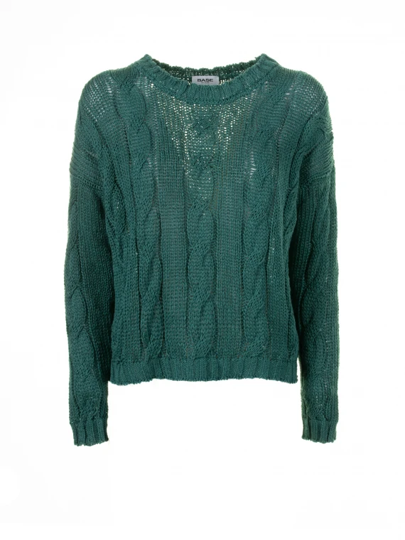 Green braid crew neck sweater