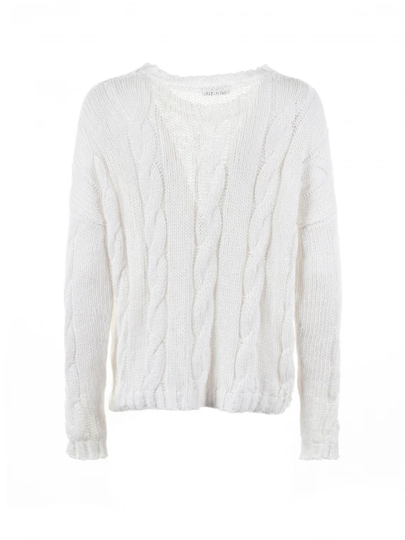 White crew-neck sweater with braid motif