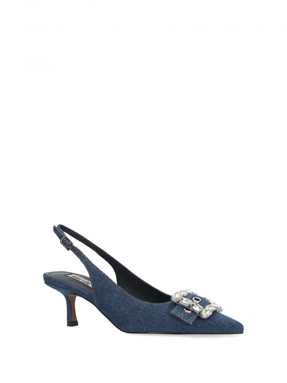 Chanel denim slingback with rhinestone detail