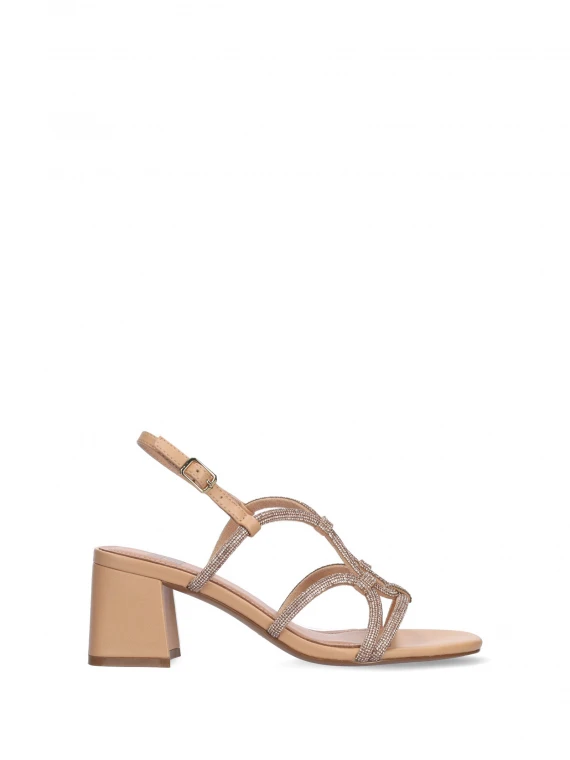 Sandalo slingback nude con strass e tacco