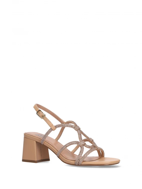 Nude slingback sandal with rhinestones and heel