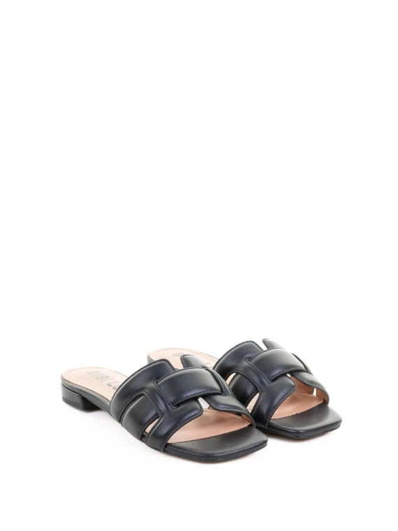 Black Flat Leather Slipper