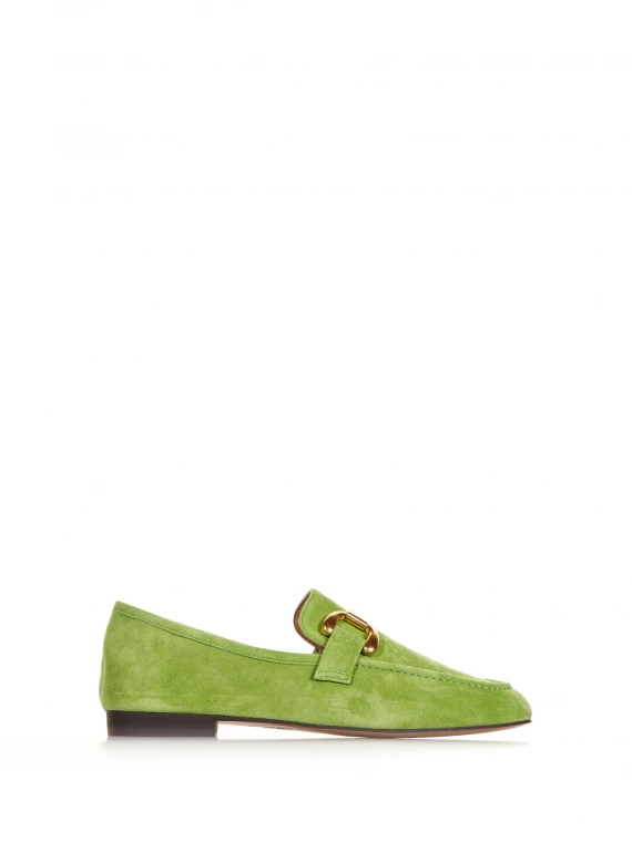 Green suede loafer with horsebit