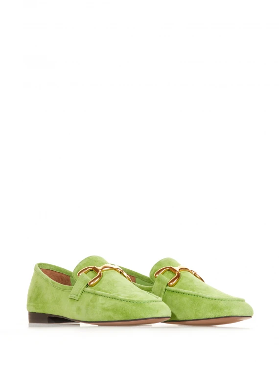 Green suede loafer with horsebit