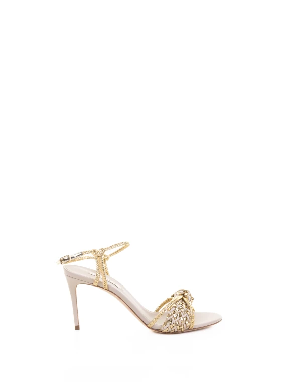 Gold Fabric and Leather Heeled Sandals