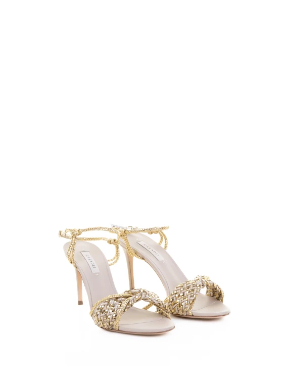 Gold Fabric and Leather Heeled Sandals