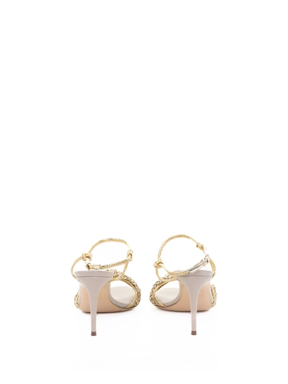 Gold Fabric and Leather Heeled Sandals