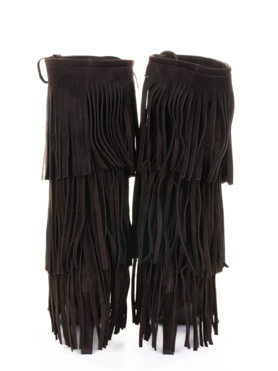 dark brown suede boot with fringe
