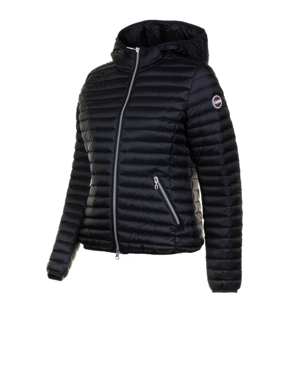 Blue quilted down jacket with zip and hood