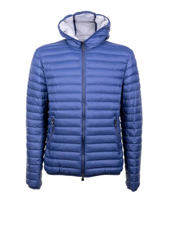 Men's blue quilted down jacket with zip and hood