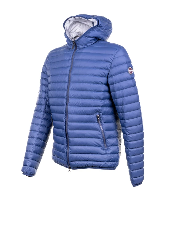 Men's blue quilted down jacket with zip and hood