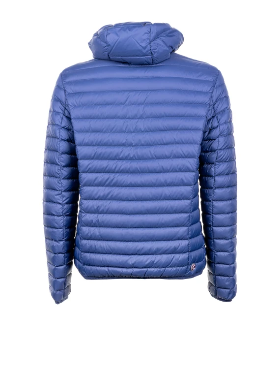 Men's blue quilted down jacket with zip and hood