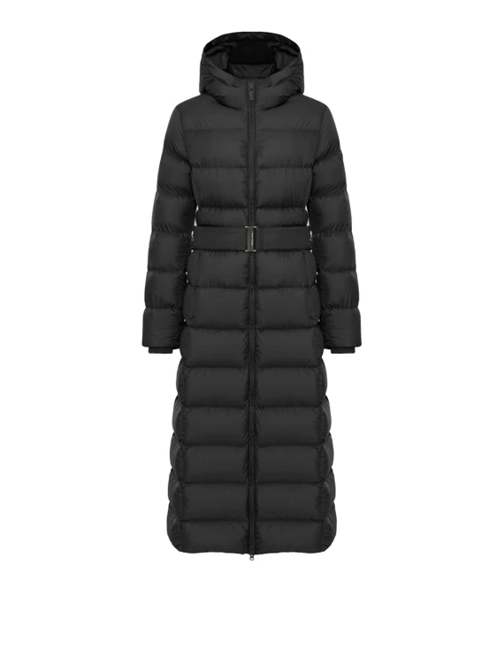 Piumino nero lungo con cappuccio