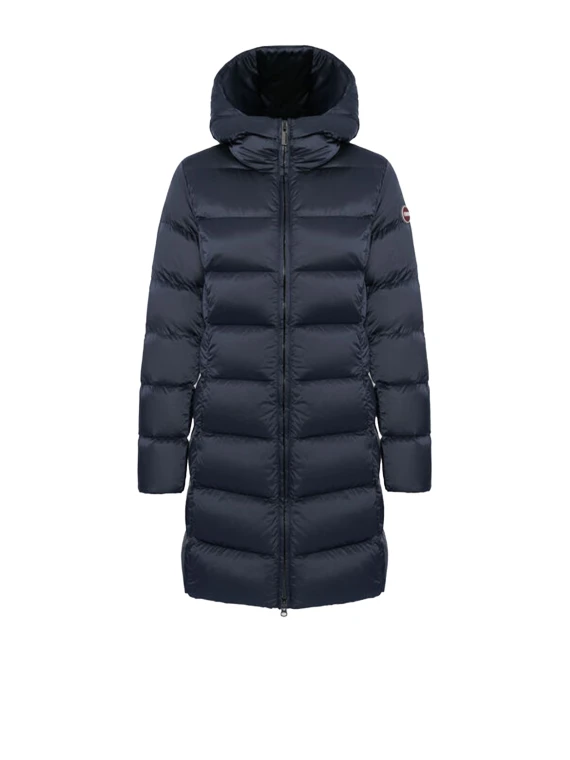 Piumino blu lungo con cappuccio