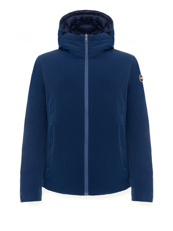 Reversible blue down jacket with zip and hood