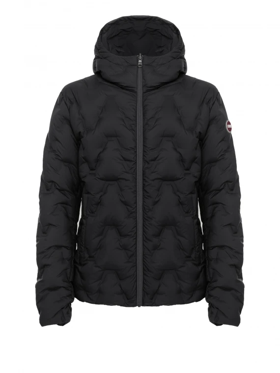 Reversible black down jacket with zip and hood