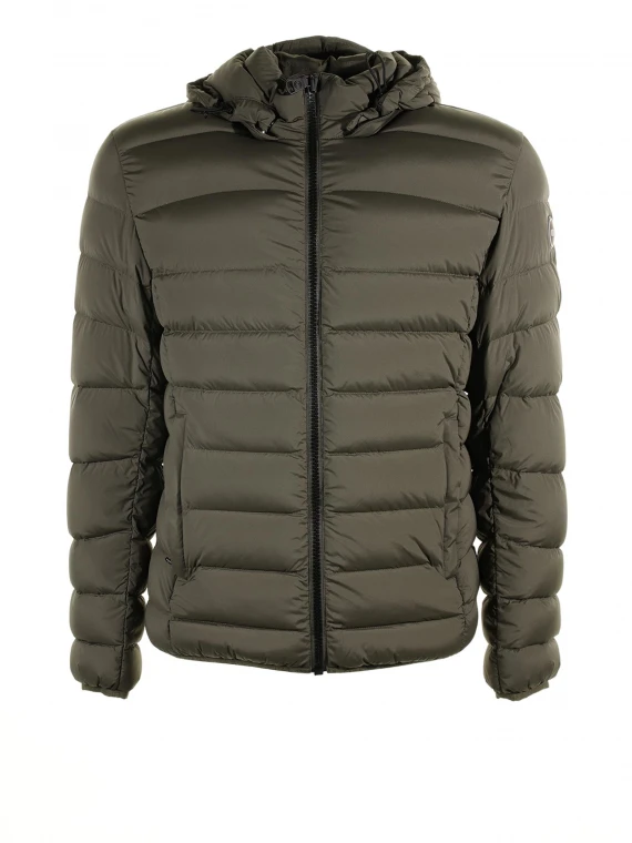 Military green quilted down jacket with hood