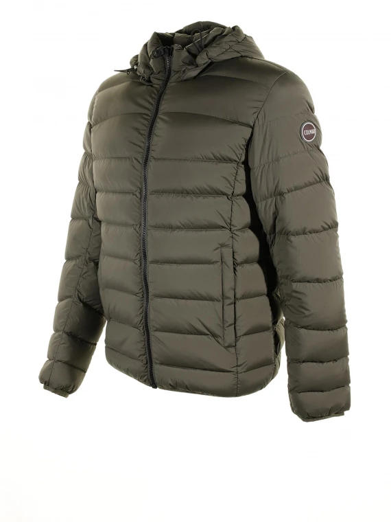 Military green quilted down jacket with hood