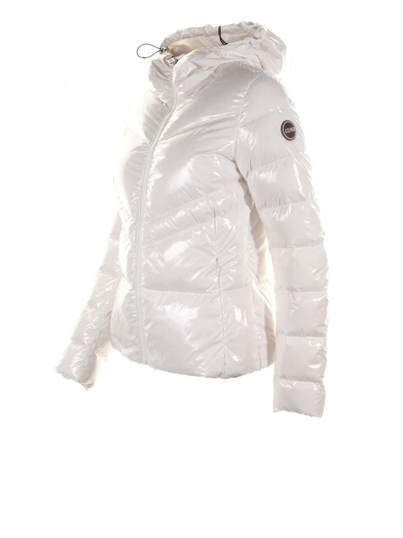 Shiny white down jacket with hood