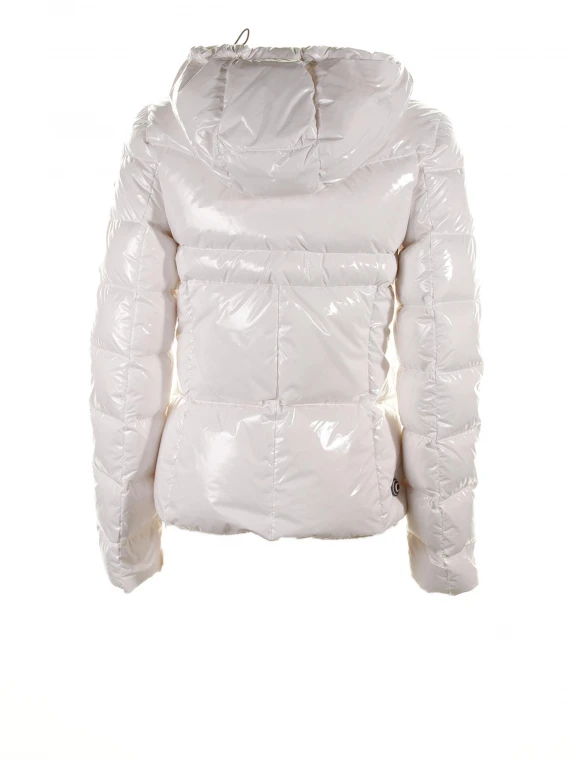 Shiny white down jacket with hood