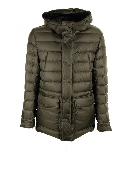 Military green quilted down jacket with hood