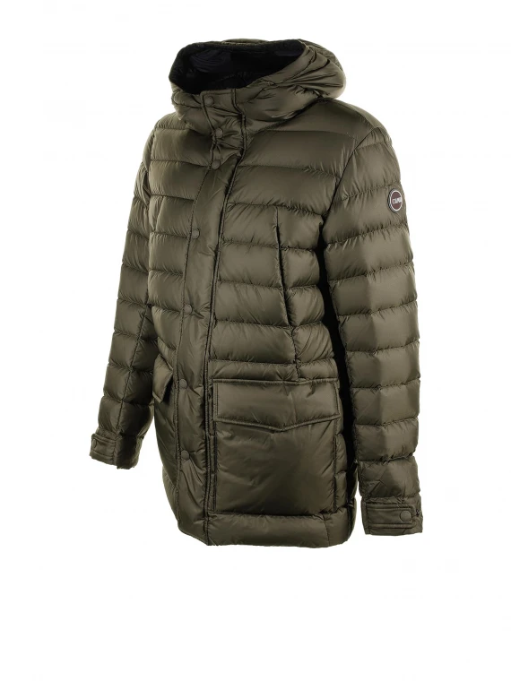 Military green quilted down jacket with hood