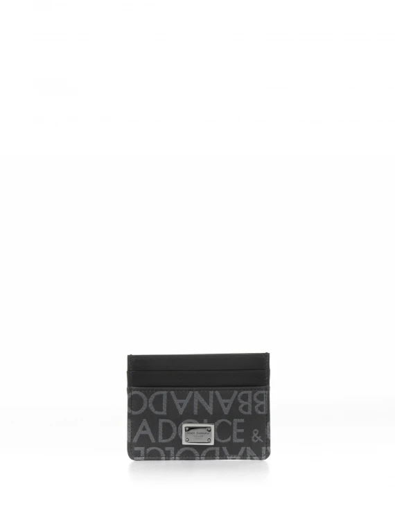 Black gray leather card holder with logo