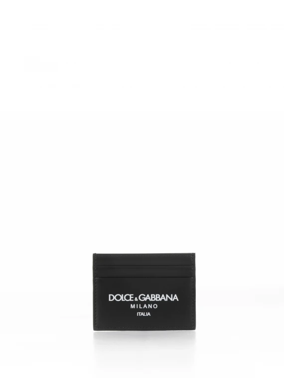 Black leather card holder with contrasting logo