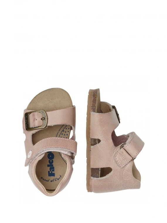 Pink leather sandals with buckle and velcro