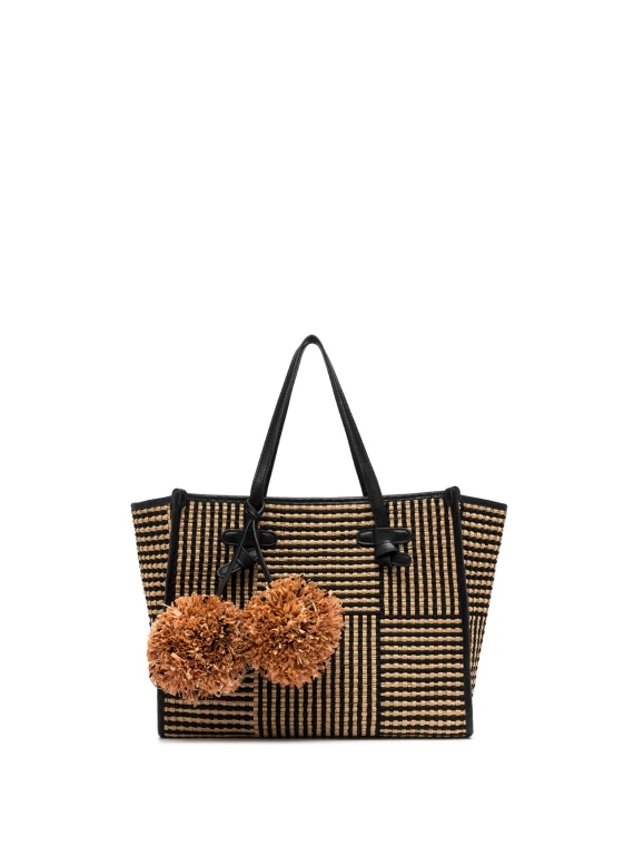 Shopping bag Marcella in tessuto intrecciato con due maxi pon pon