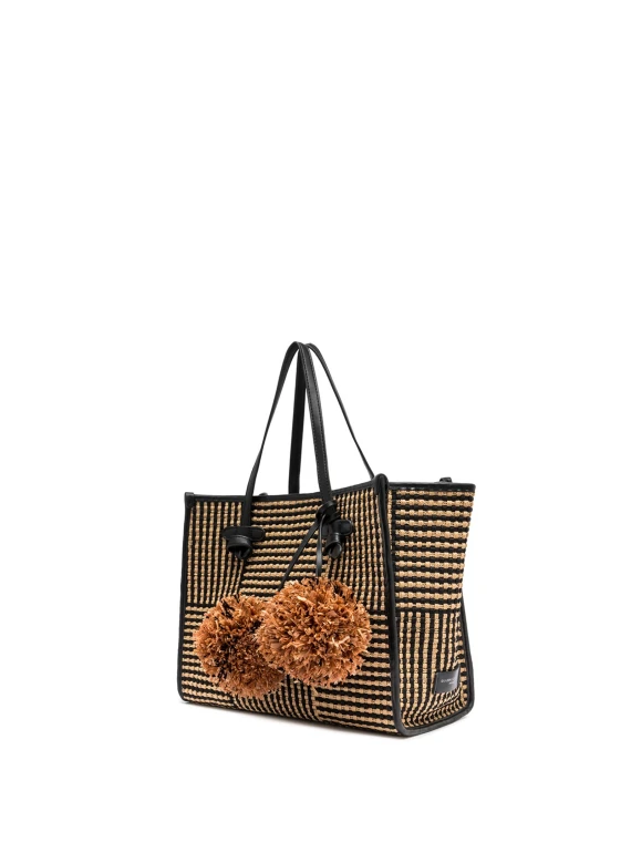 Shopping bag Marcella in tessuto intrecciato con due maxi pon pon