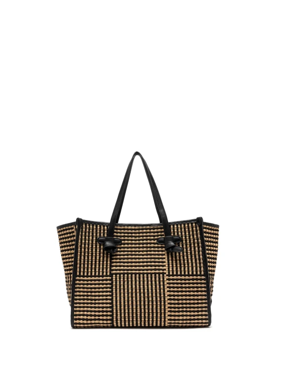 Shopping bag Marcella in tessuto intrecciato con due maxi pon pon