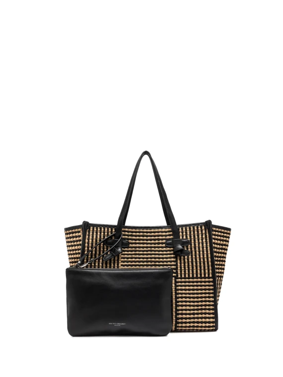 Shopping bag Marcella in tessuto intrecciato con due maxi pon pon