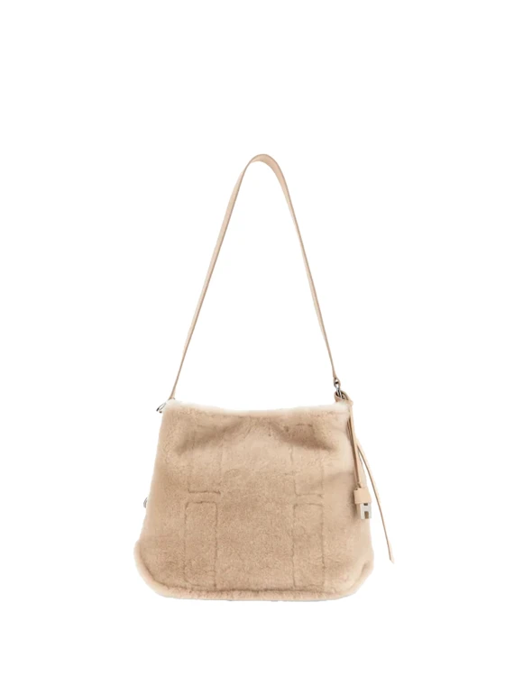 Borsa a sacca hobo donna in shearling e inserti in pelle liscia