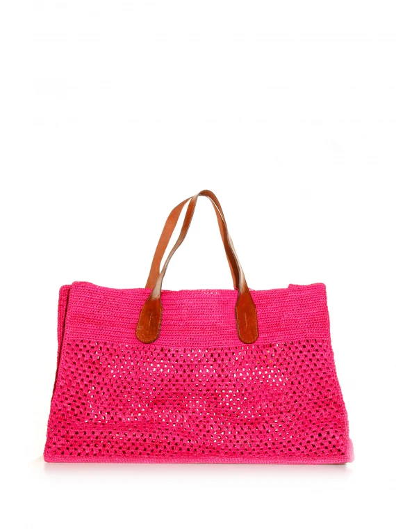 Two-tone hand bag in woven raffia