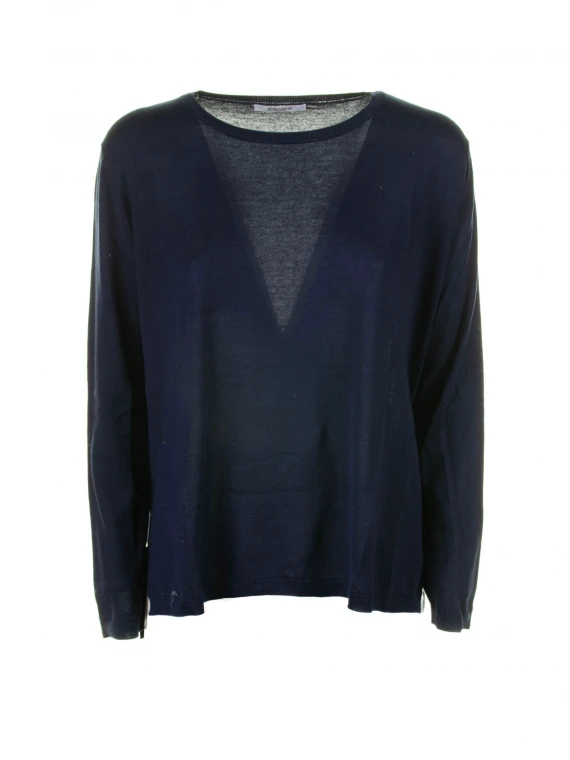 Maglia girocollo blu in seta e cashmere