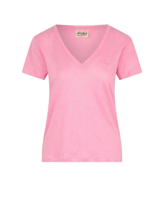 T-shirt donna scollo a V rosa con logo