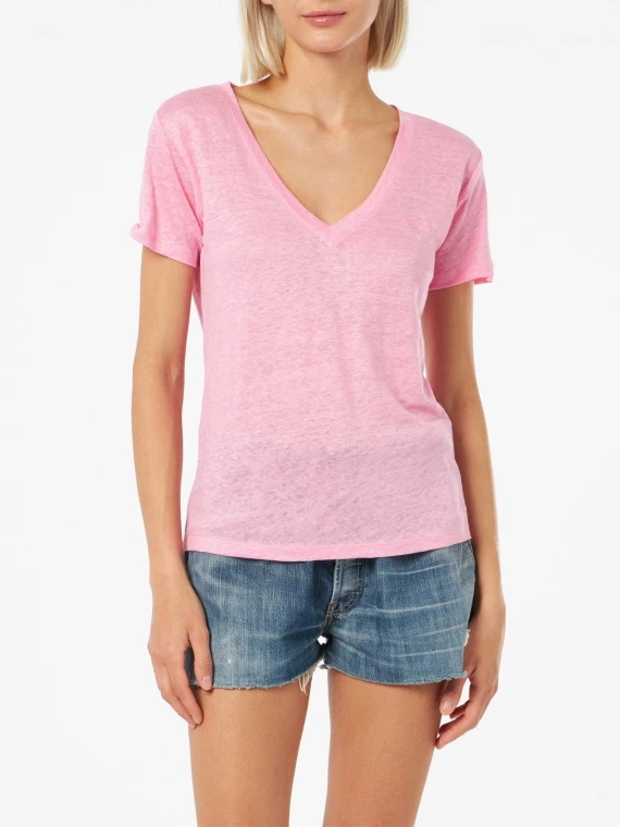 Pink V-neck women's t-shirt with logo