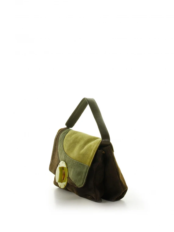 Borsa a tracolla in suede marrone verde e Lock in resina