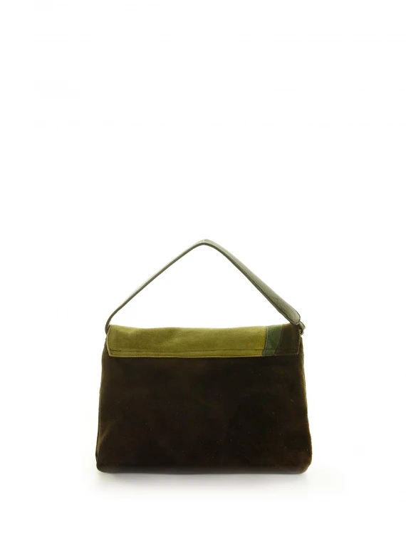 Borsa a tracolla in suede marrone verde e Lock in resina