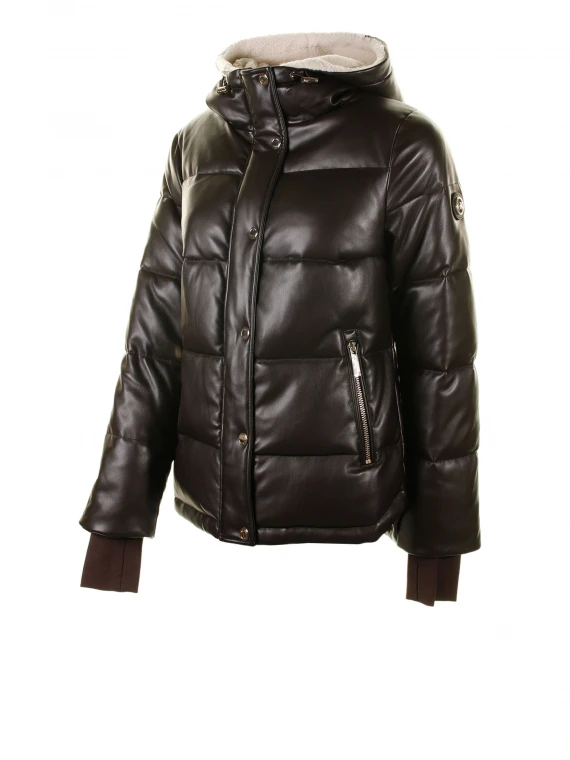 Leather-effect hooded down jacket