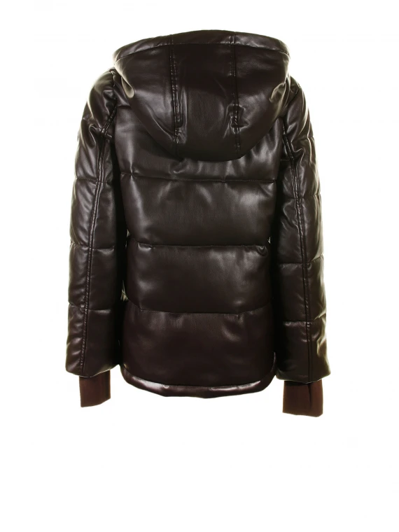 Leather-effect hooded down jacket