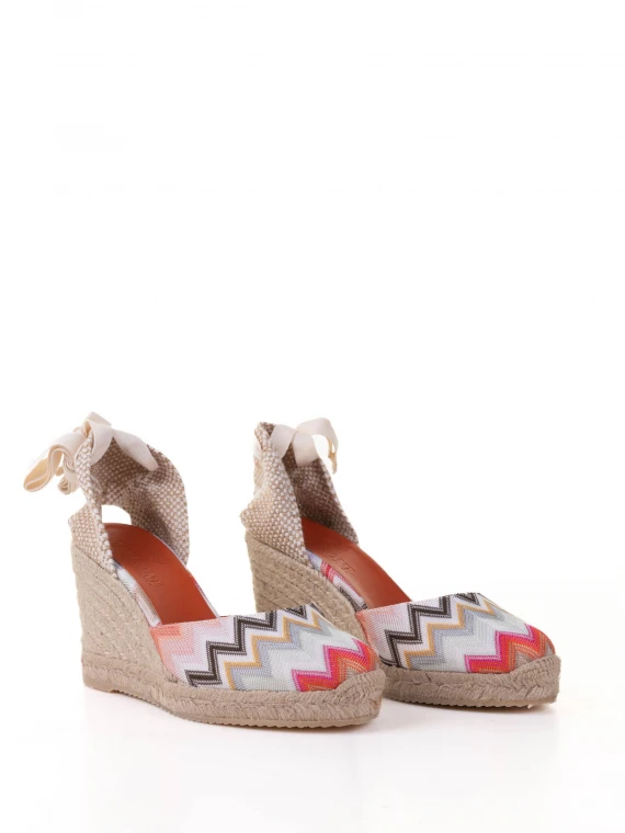 Espadrilles in chevron fabric with wedge and ankle laces