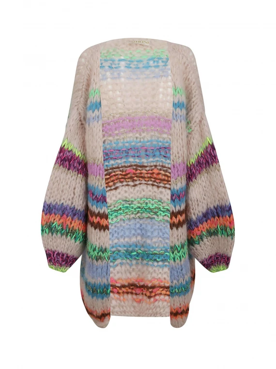 Cardigan lungo lavorato a mano multicolor a strisce