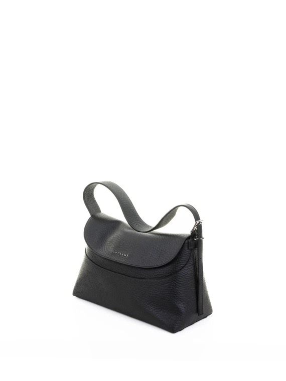 Nana Soft Shoulder Bag in Hammered Leather with Shoulder Strap Black