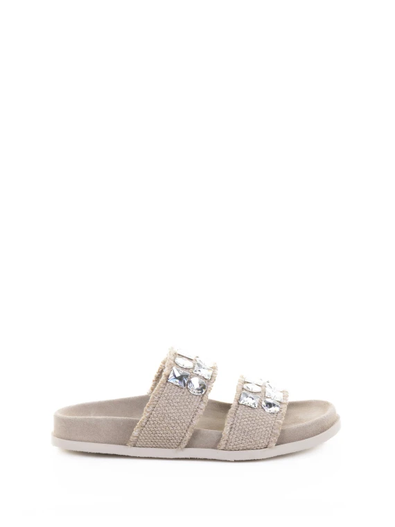 Ciabatta in lino e camoscio con strass