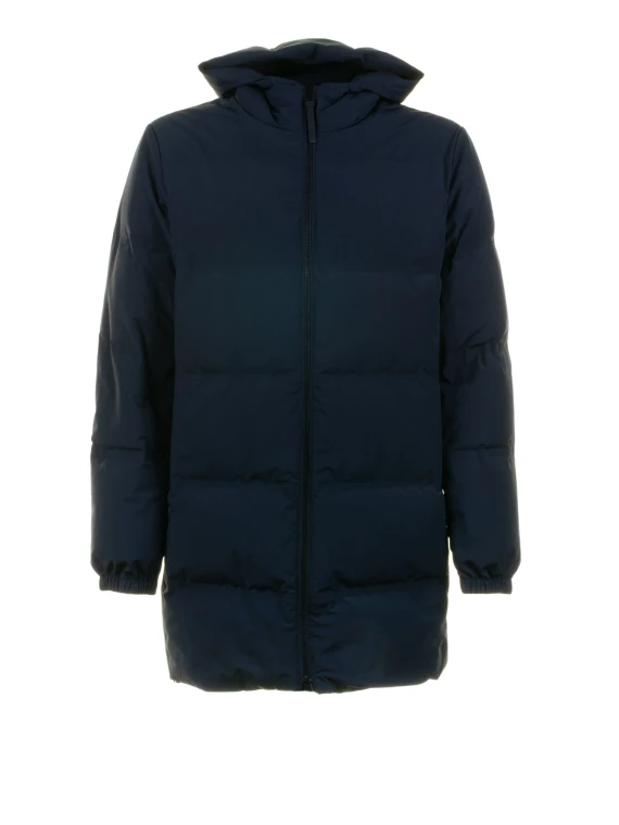 Piumino lungo navy trapuntato con cappuccio