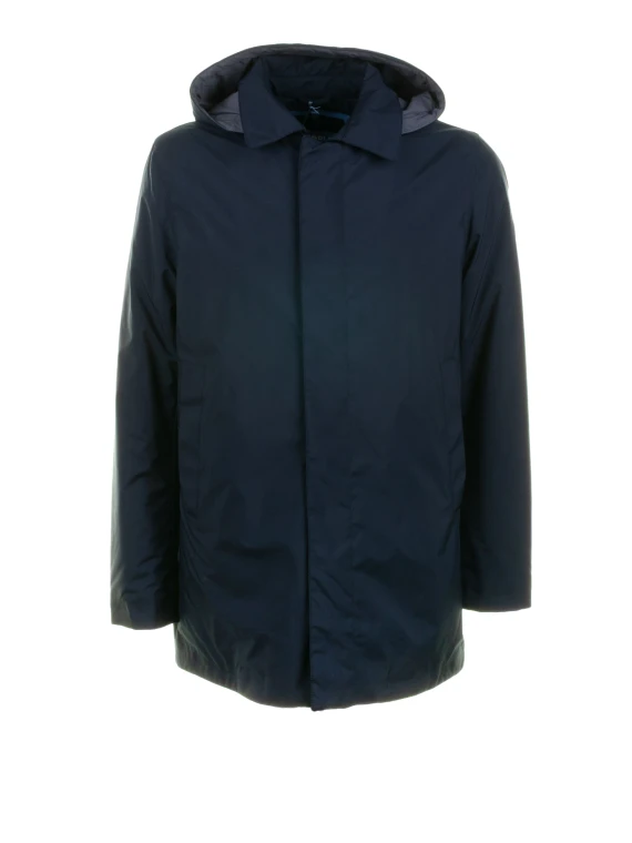Trench blu navy lungo con zip e cappuccio